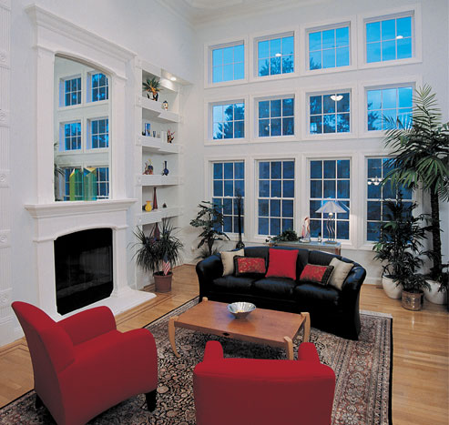 open and airy great room with minimal furniture