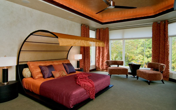 modern master bedroom with bright colors