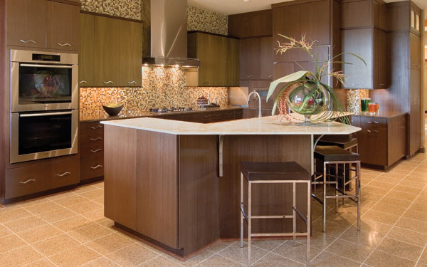 Modern kitchen with plenty of floor space, seating and lighting