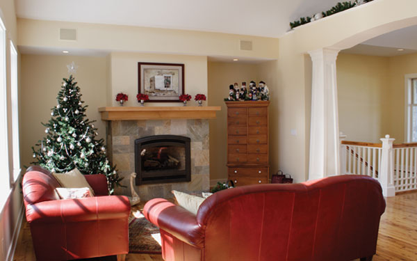 Sun filled great room with Christmas decorations Sun filled great room with Christmas decorations