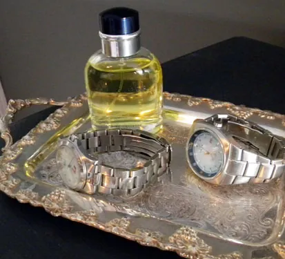 vintage tray with watches and perfume vintage tray with watches and perfume
